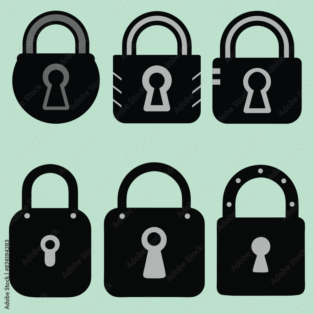 Poster lock and unlock icon privacy symbol set in black and white color in simple style. set of close and o