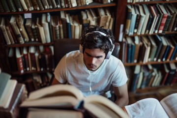 A person studying or relaxing with music, surrounded by books