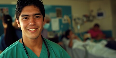 Fototapeta premium A happy man posing with a bright smile, wearing a green shirt