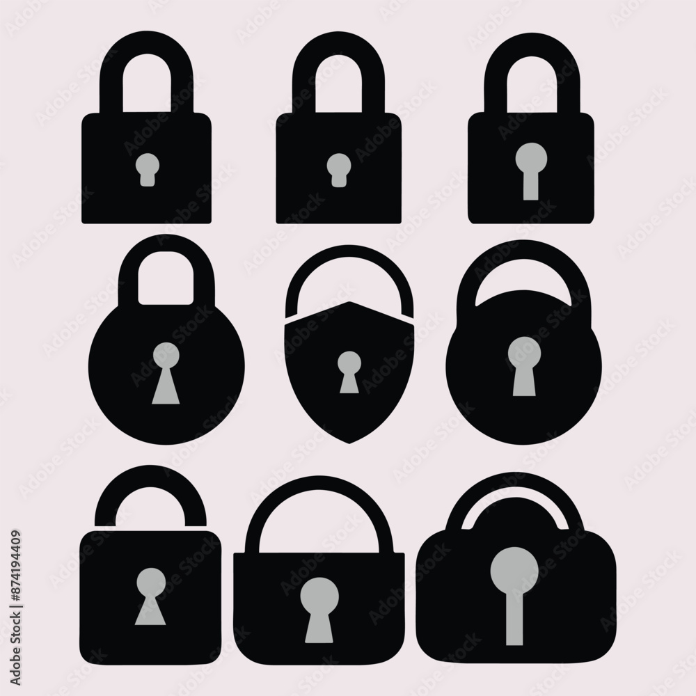 Poster lock and unlock icon privacy symbol set in black and white color in simple style. set of close and o