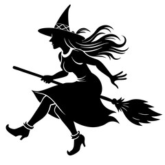 Vector illustrations of silhouette Halloween witch broomstick isolated on white background.