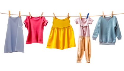clothes sweatshirts dresses pants drying on clotheslines on a white background