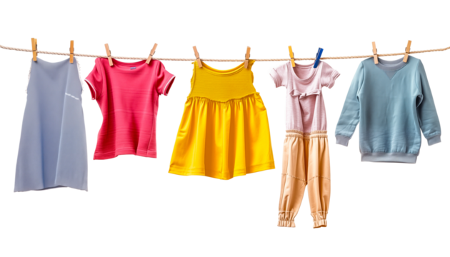 clothes sweatshirts dresses pants drying on clotheslines on a white background - Powered by Adobe