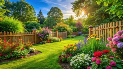 Obraz premium Vibrant green grass lawn, blooming flowers, and a charming wooden fence in a peaceful summer backyard garden, green