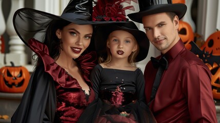 Obraz premium Family dressed in witch costumes posing on a porch decorated for Halloween, smiling and happy.