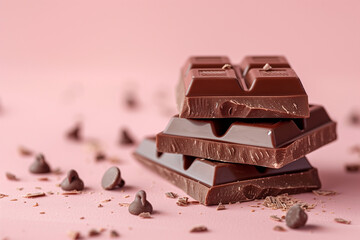 A stack of chocolate bar pieces, pink background with small pieces and drops of chocolate.