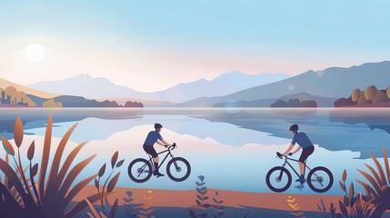 Fototapeta premium Cyclists resting by a lakeside, taking a break from their ride, with bikes parked and a serene water view