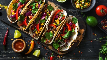 Fototapeta premium Tacos, fast food photo, located on the center, culinary photography