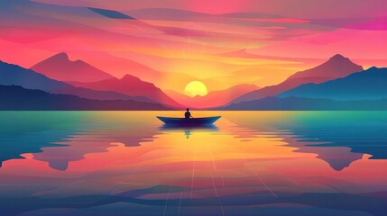 Boating at sunset, with a boat silhouetted against a vibrant sunset, the water reflecting the colorful sky