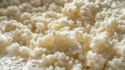 Close-Up Macro Shot of Creamy White Kefir Grains in a Bowl with a Light and Blurry Background