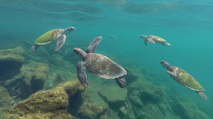 Six sea turtles gracefully swim through crystal clear waters in the Canary Islands. Their green shells navigate rocky formations, creating a picturesque scene.