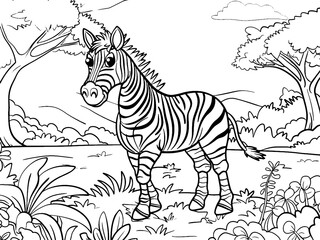 Cheerful zebra in the African savanna. Children coloring book. Generative ai raster.