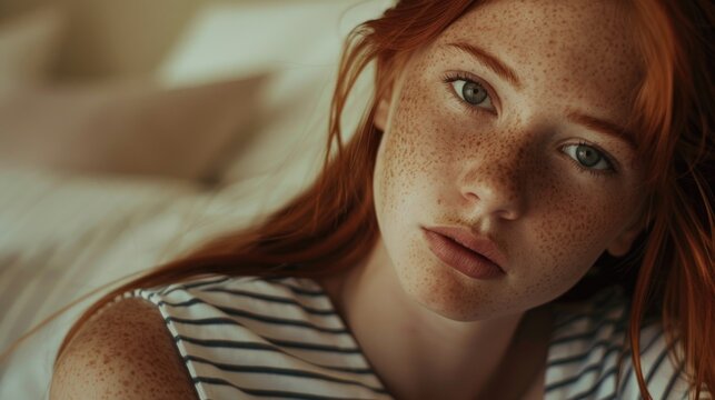 A close-up view of a woman's face with noticeable freckles