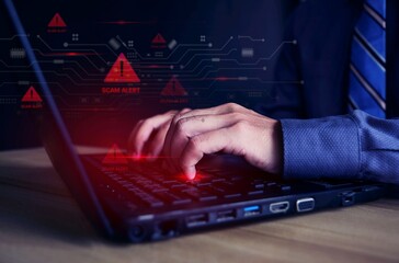 Scammer alert and warning caution signs on mobile phone. cyber attack on online network error system. Cybersecurity vulnerability, data breach, illegal connection, compromised information.