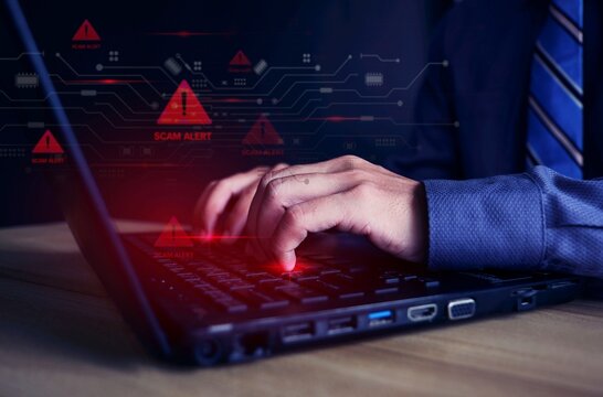 Scammer alert and warning caution signs on mobile phone. cyber attack on online network error system. Cybersecurity vulnerability, data breach, illegal connection, compromised information.