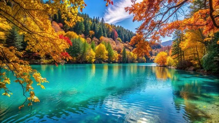 Obraz premium Turquoise lake surrounded by vibrant autumn foliage reflecting a stunning array of colors, Five Flower Lake, colorful