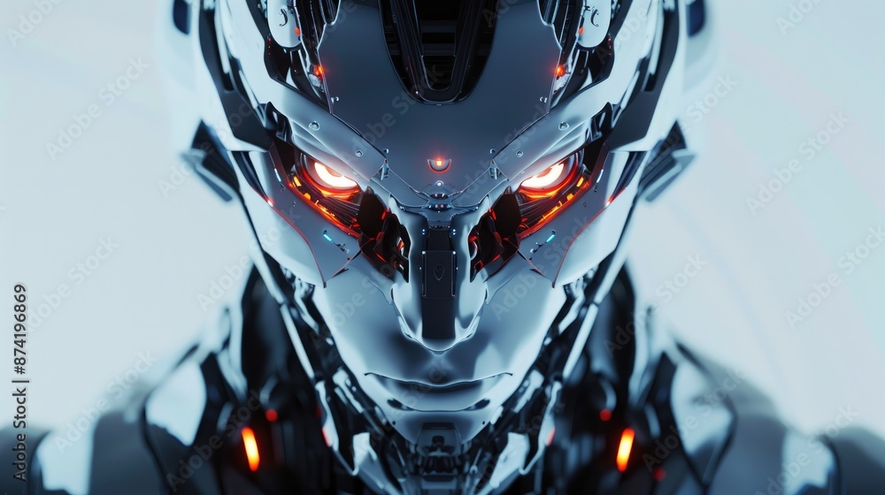 Poster close-up portrait of an intimidating futuristic robot with sharp, angular designs and a glowing digi