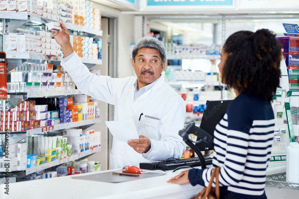 Poster Help, pharmacist and woman with prescription for consulting for certificate, medication review and refill request for illness. Female customer, man and letter for dosage instructions and healthcare