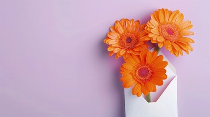Fototapeta premium Orange gerberas in a white envelope, seen from the top against a pastel purple background, offering a bright and joyful appearance.