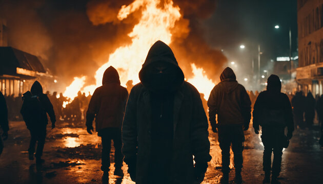 A violent riot or street fight by criminal gangs or extremists, masked faces in black clothes and hoodies, fire and flames in the burning city, looting and demonstrations causing chaos and unrest