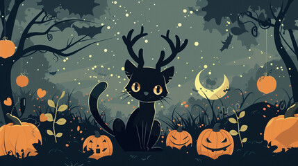 Fototapeta premium Spooky Black Cat with Antlers Amid Pumpkins on Halloween Night in Minimal Cartoon Style