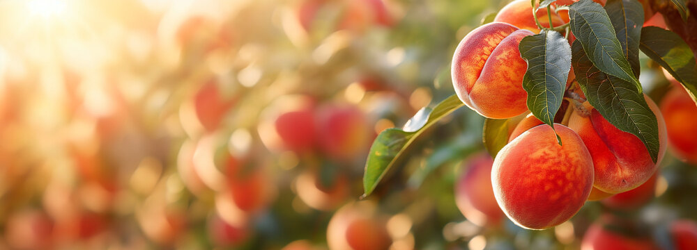 Peaches on tree in peach orchard, peach farm at harvest season