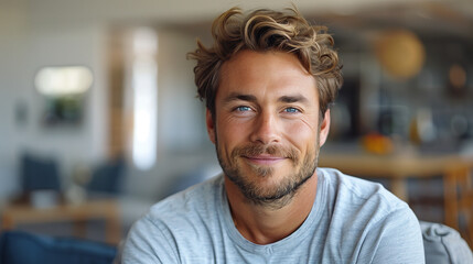 Obraz premium Young Blond Man Sitting in Interior, Smile and Look at Camera. Portrait of a Person, Businessman, Casual. Healthy, Happy, Life Style 