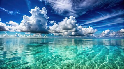 Obraz premium Tranquil image of clear sea water with fluffy clouds in the distance, beautiful, serene, ocean, sky, nature, peaceful