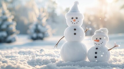 Two snowmen are standing in the snow, one of which is wearing a hat