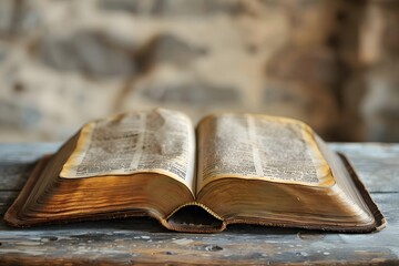 Obraz premium Antique Open Book on Rustic Wooden Table