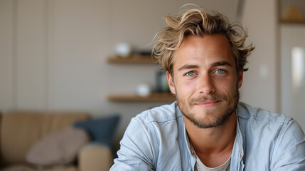 Obraz premium Young Blond Man Sitting in Interior, Smile and Look at Camera. Portrait of a Person, Businessman, Casual. Healthy, Happy, Life Style 