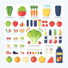 Colorful infographic displaying various fruits, vegetables, and juice bottles. Perfect for healthy eating and nutrition themes.