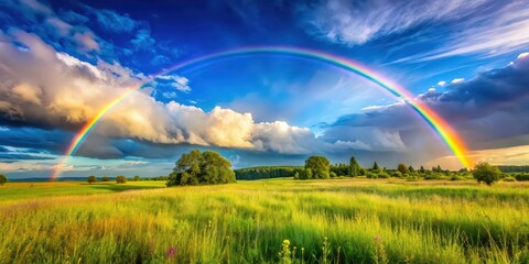 Naklejka premium Vibrant rainbow over summer meadow after rain , nature, rainbow, arch, meadow, summer, colorful, vibrant, sky, clouds, weather