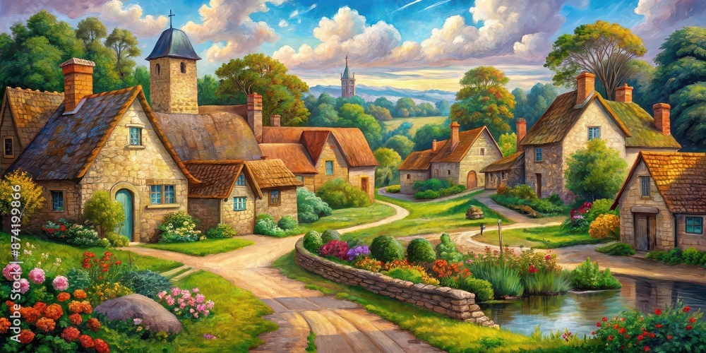 Poster Tranquil acrylic painting of a rustic village scene with charming countryside details, acrylic, village, rural, serene