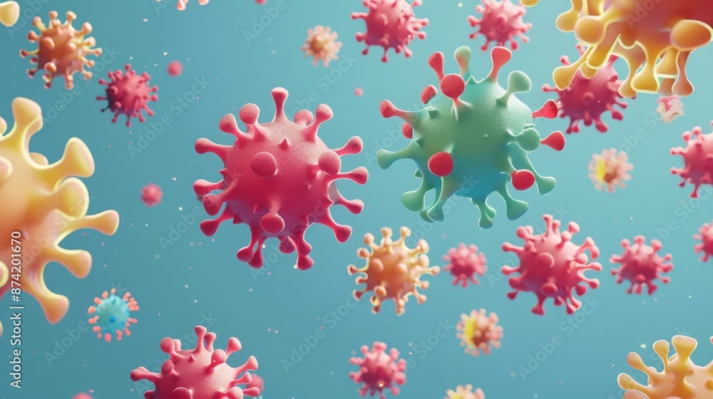 Aufkleber a close-up of various colorful virus particles floating in the air, rendered in 3d. the particles ar