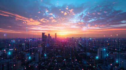Obraz premium Renewable energy system for future smart city at sunset