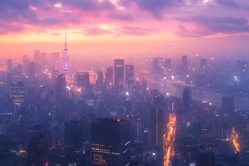 Fototapeta premium Majestic Urban Skyline at Dusk with Illuminated Skyscrapers and a Vibrant Sky