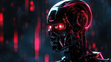 Portrait of a menacing futuristic robot character with glowing red eyes and metallic features, set against a dark, industrial backdrop.
