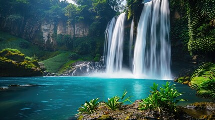 Fototapeta premium A majestic waterfall cascading into a turquoise pool, surrounded by lush greenery and tropical plants.