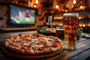 Beer and pizza in the bar. football match tv background