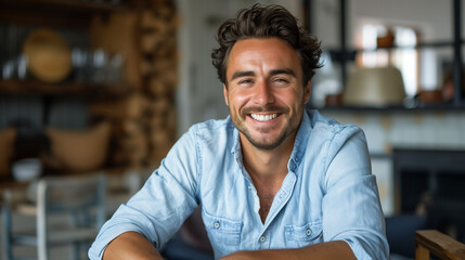 Obraz premium Young Brunette Man Sitting (Blue Shirt) in Interior, Smile and Look at Camera. Portrait of a Person, Businessman, Casual. Healthy, Happy, Life Style 