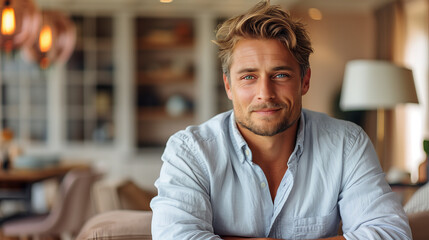 Fototapeta premium Young Blond Man Sitting (White Shirt) in Interior, Smile and Look at Camera. Portrait of a Person, Businessman, Casual. Healthy, Happy, Life Style 