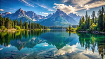 Tranquil lake nestled amidst majestic mountains, serene, landscape, nature, wilderness, reflection, scenic, peaceful, scenery