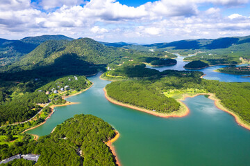 Fototapeta premium Aerial view of tuyen lam lake in Dalat, Vietnam