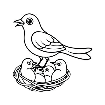 recommend clip art: Mother bird feeding babies vector line art