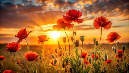 Obraz premium Vibrant poppy flowers silhouetted against a golden sunset backdrop, poppy, flower, sunset, vibrant, silhouette, nature, botanical, red