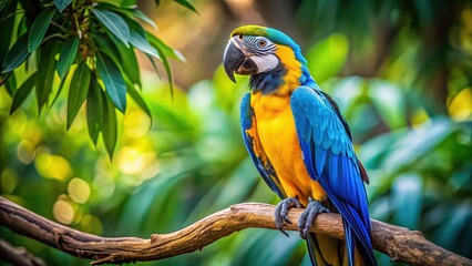 Obraz premium Vibrant blue and yellow macaw resting on a tree branch, tropical bird, colorful feathers, wildlife, exotic, vibrant, parrot