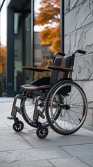 Modern wheelchair parked against a plain wall backdrop