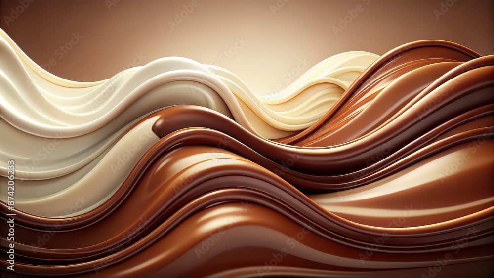 Wall mural Wave of chocolate and milk cream blending together on abstract background, chocolate, milk, cream, wave, abstract, background