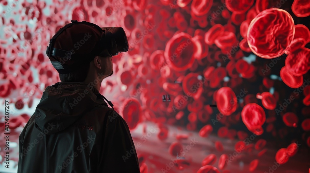 Poster a person wearing a vr headset stands in front of a screen displaying red blood cells.